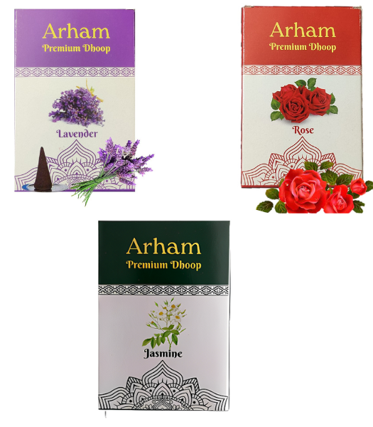 Arham Jasmine, Lavender, Rose Dhoop Cones (Pack of 3) 21 cones each